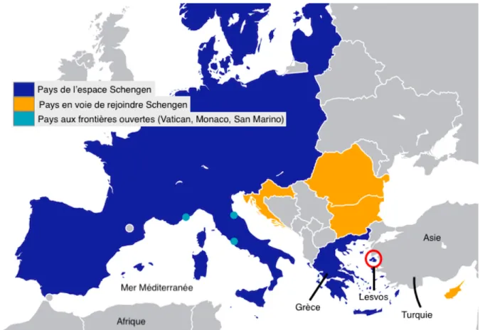 Figure 1.  Lesvos et la Grèce dans l'espace Schengen (Carte modifiée à partir de  Wikipédia) 