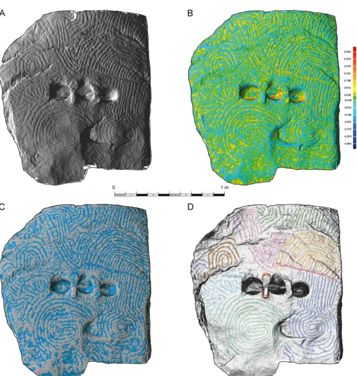 Fig. 5. Orthostat C3 (Gavrinis passage grave, Larmor-Baden, France): A- 3D model with virtual lateral oblique lighting (processed in Geomagic)