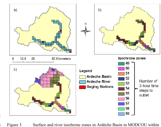 Figure 3  Surface and river isochrone zones in Ardèche Basin in MODCOU within 626 