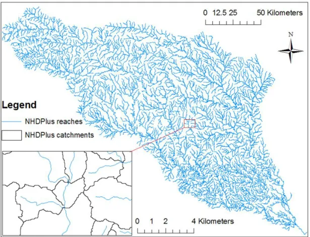Figure 2  NHDPlus  river  network  and  catchments  for  the  Guadalupe  and  San  Antonio Basins 