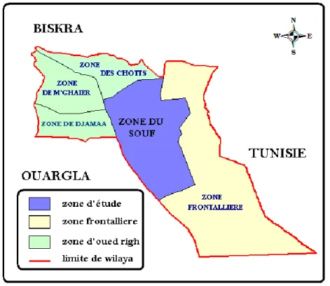 Figure  N° III. 02:  Les frontières de la région du Souf (Source: A.N.R.H,2005) . III.2.3 Facteurs climatiques:  