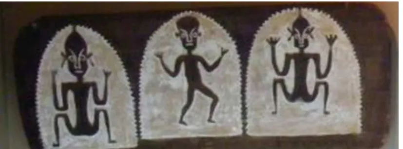 Figure 7 : Dessin de Somuk représentant une danse autour des échafaudages sur lesquels est placée  la nourriture