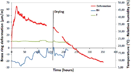 Figure 11 : Strain, temperature and relative humidity evolution in the passive ring test 