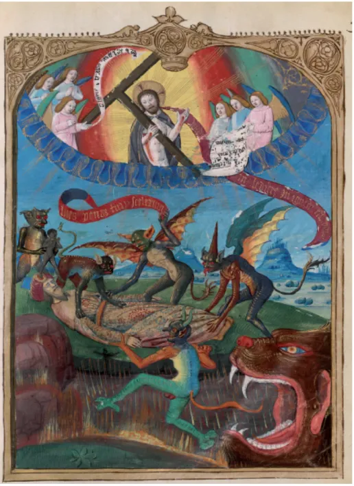 Figure 4 - Maître du cardinal de Bourbon (?) et Guillaume Caoursin, Allégorie de la mort de  Mehmet II dont l’âme est emportée par les diables, dans Guillaume Caoursin (1480), 