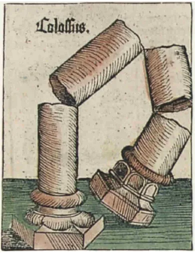 Figure 8 - Atelier de Michael Wolgemut, Colossus, dans Hartmann Schedel (1493), Liber  chronicarum, Nuremberg, folio LXXXIIv, Cambridge University Library 