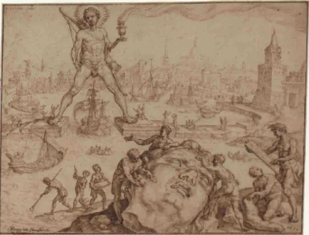 Figure 10 - Maarten van Heemskerck, Le Colosse de Rhodes, 1570, Série des « Huit  Merveilles du Monde », Courtauld Institute Gallery, Londres