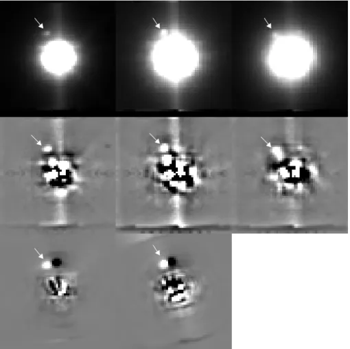 Figure 2.1 Detection of the companion to GQ Lup in J, H and K from left to right. Each image has a field of view of 3.0 ′′ × 3.0 ′′ 