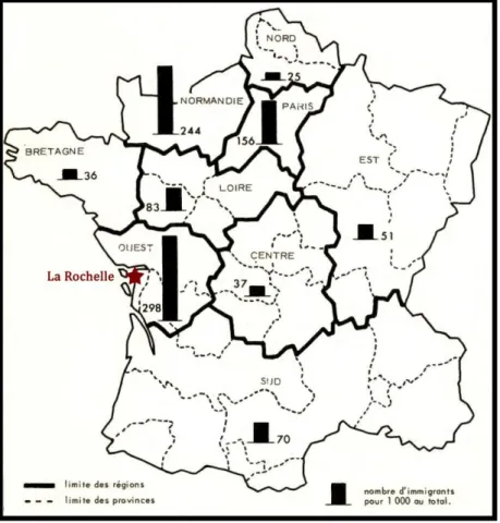 Figure  2.  Carte  de  la  France  indiquant  la  distribution  des  colons  selon  leur  lieu  d'origine,  pour  mille  immigrants