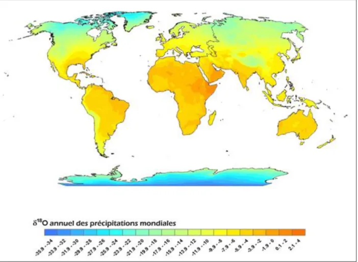 Figure 8. Distribution mondiale des compositions isotopiques en  18 O en 2003. Tiré de Waterisotopes.org  