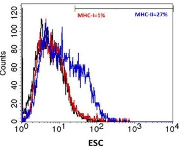 Fig. A1: Flow cytometric analysis of MHC expression by equine ES-like cells: Flow  cytometric analysis of equine ES-like cells shows low MHC-I expression (1%) and high  MHC-II expression (27%)