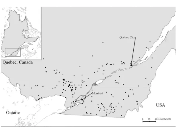Figure 4. Public beaches located in the southern Quebec and included in the study  (N= 237)