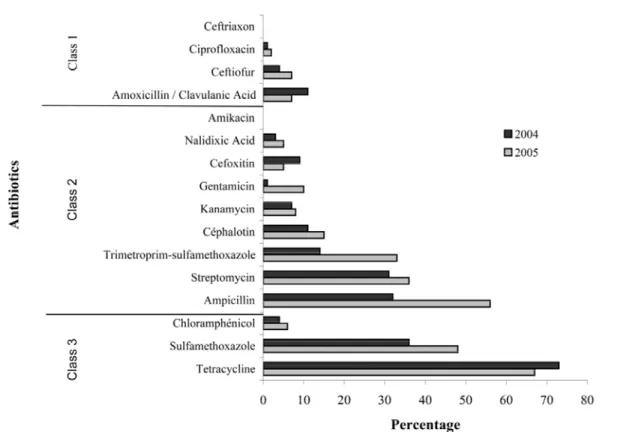 Figure 5. Antimicrobial resistance distribution for the 16 antimicrobials tested for all  the resistant samples from summers 2004 (N= 89) and 2005 (N= 101)