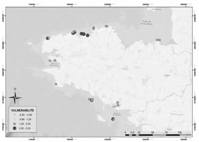 Fig. 1 – Carte de vulnérabilité des sites de l’âge du Fer sur le littoral breton. 