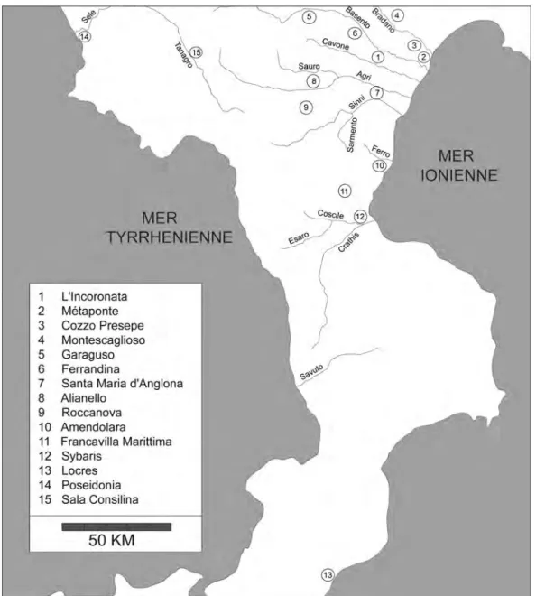 Fig. 1. - Carte des différents sites de l’âge du Fer dans le sud de l’Italie (élaboration C
