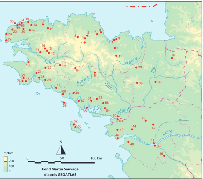 Fig. 1 – Carte de localisation des dépôts contenant des « lingots » ou des déchets de fonderie en Bretagne et en Loire-Atlantique