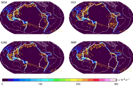 Figure 1: Normal component of trench migration rates (orange vectors, from Funiciello et al., 2008) in the reference frames SB04 (Steinberger et al., 2004), HS3 (Gripp and Gordon, 2002), GJ86 (Gordon and Jurdy, 1986), NNR (DeMets et al., 1994).