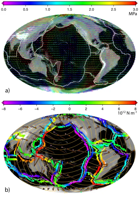 Figure 4: a) Shear stresses underneath the lithosphere due to mantle drag from the convecting mantle excited by internal loads (after Conrad and Behn, 2010, see text)