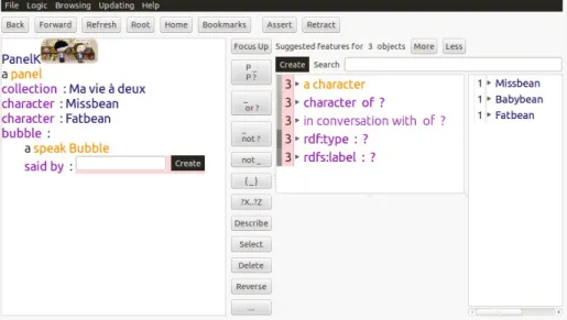 Fig. 2. Screenshot of Sewelis. On the left side, the description of the new object is shown, here panel K is a panel from the Ma vie ` a deux Collection, with Missbean and Fatbean as characters, it has a speech bubble said by someone