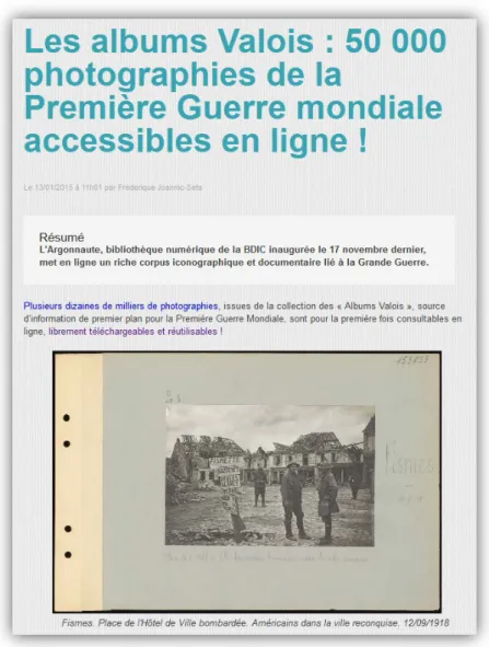 Figure 16. Billet sur le blog des collections de l’Argonnaute, annonçant la mise en  ligne de 50 000 photographies du fonds Valois