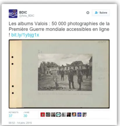 Figure 17. Annonce de la mise en ligne de 50 000 photographies du fonds Valois sur  le compte Twitter de la BDIC