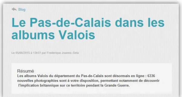Figure 18. Billet du 5 juin 2015 annonçant la publication d’albums du fonds Valois  en lien avec le Pas-de-Calais