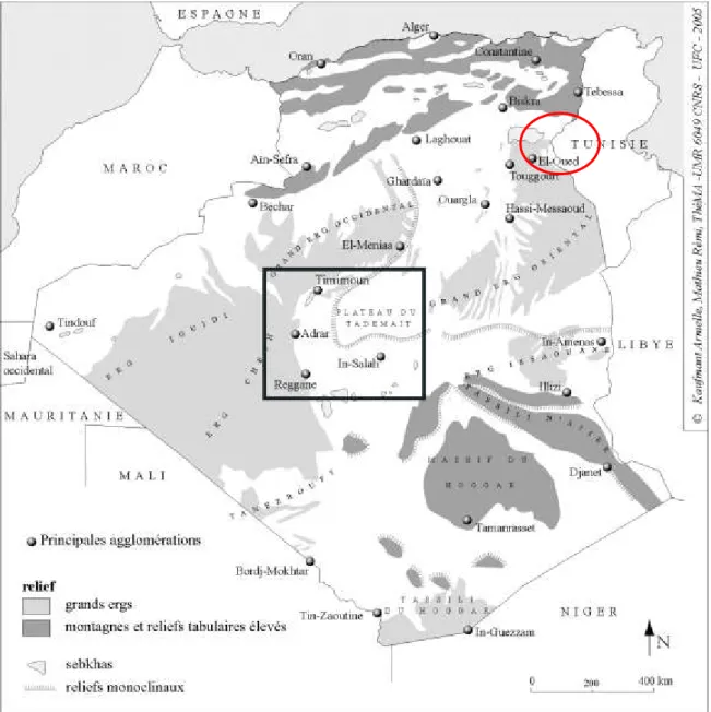 Figure 1- Situation géographique de la région du Souf (FONTAINE. 2005)  . 