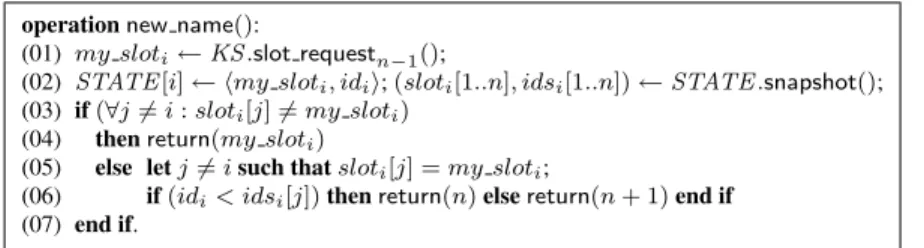 Figure 2: Solving (n + 1)-renaming in ASM n,n−1 [hn, n − 1, 1, ni-GSB] (code for p i )