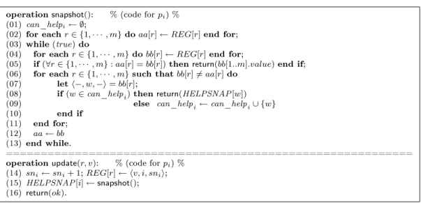 Figure 10: Wait-free implementation of a snapshot object in ASM n,n−1 [∅] [27]