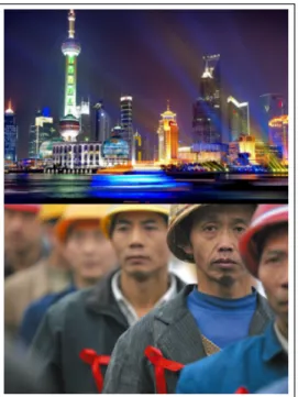 Fig   2.   Une   Chine   à   deux   vitesses.   En   haut,    le   quartier   d’affaire   de   Shanghai   ;   en   bas,    ces    ouvriers    venus    des    campagnes,    oubliés   du   miracle   économique