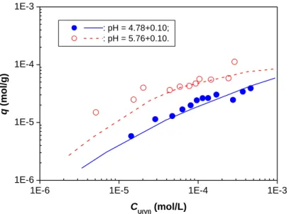 Fig. 3. Sorption isotherms of U(VI) on the Na-bentonite; T = 298±2 K, I = 0.1mol/L  NaCl and m/V = 1 g/L