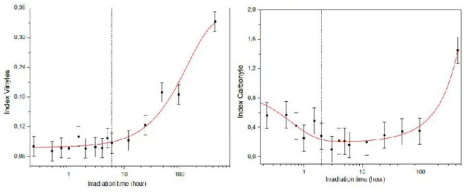 Fig. 10. Vinyl degradation products evolution as a function of UV irradiation time.