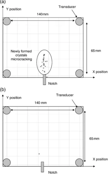 Fig. 12. Microcracking maps, during the reloading phase (until 18 μ m — pre-peak regime) of specimens aged for 10 weeks; (a) ageing in water, (b) ageing in air.