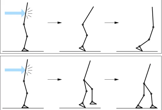 Fig. 2. Tracking a reference trajectory, here a static position, may lead to a fall if the system is outside the corresponding largest invariant set, because of a perturbation for example (upper part)