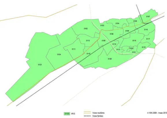 Figure 17  –  Localisation des 5 quartiers IRIS échantillonnés au sein de la commune de Pessac :  zones  IRIS  106  (Le  Bourg)  et  107  (Les  Echoppes),  zone  IRIS  115  (Sardine),  zones  IRIS  119  (Châtaigneraie) et 122 (Saige Nord) 