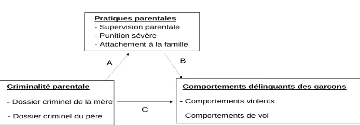 Figure 2: Rôle médiateur des pratiques parentales sur l’association entre la criminalité parentale et les comportements délinquants des garçons