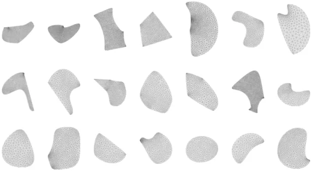 Figure 4: Shape examples drawn from the dataset. A wide variety of shape is obtained using a restrained number of points (n s ∈ [4, 6]), as well as a local curvature r and averaging parameter α.