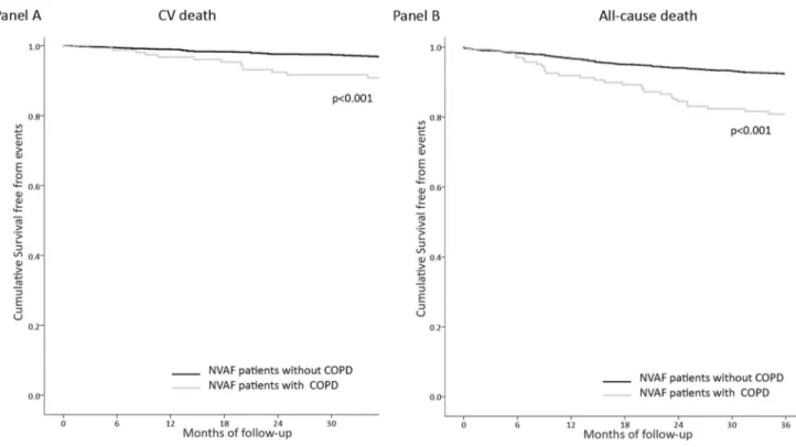 Fig. 2    Comparisons of cumulative incidences between NVAF patients with or without COPD: Panel A) CV death; Panel B) All-cause death