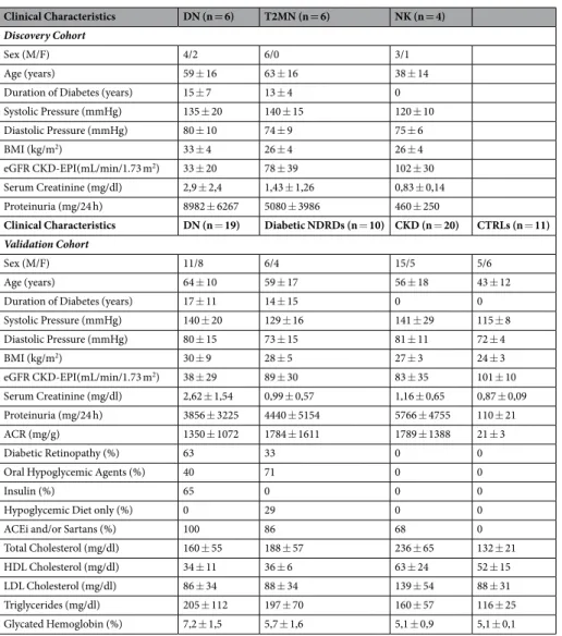 Table 1.  Main demographic and clinical characteristics of patients enrolled in the study belonging to the  discovery cohort (upper panel) and to the validation cohort (lower panel).