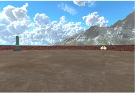 Figure 5 Virtual environment of the arena. Intra-arena landmark (egocentric), wall (allocentric), and distal cues (clouds,  mountains) were used to remember the item location