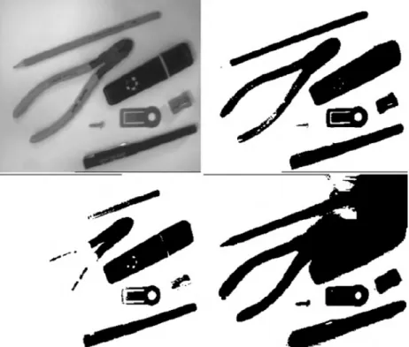 Figure 15: A grey-scale image (top left) together with a binary version where the threshold is ‘correct’ (top right), a version where the threshold is too low (bottom left) and a version where it is too high (bottom right) We will look at a set of morpholo
