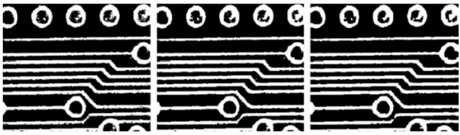 Figure 18: A binary image (left) which has been closed to join close objects (middle) and then opened to break thin connections (right).