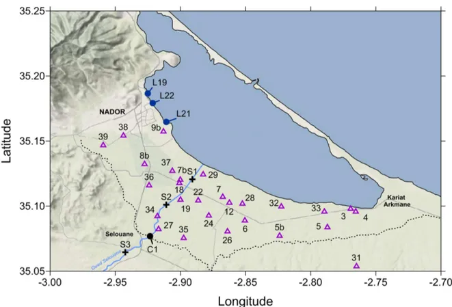 Figure 3. 3. Location of the sampling points of wells in the Bou-Areg Plain, surface water of the oued Selouane (S-) in the  Irrigation channel (C1), and the Lagoon of Nador (November 2010)