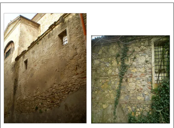 Fig. 4 Pieve S. Giustina di Montegalda, muro perimetrale sud (a sinistra)e muro perimetrale a nord (a destra)