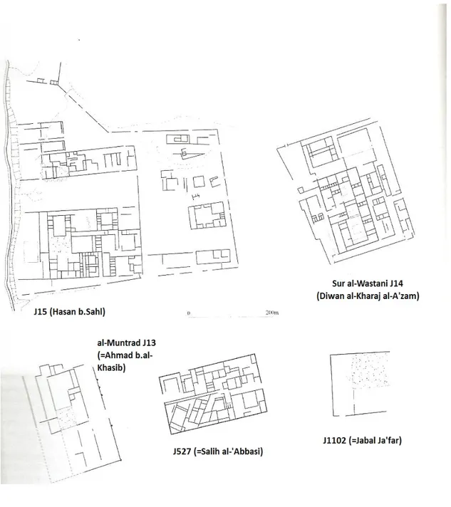 Fig. 9 Piante degli edifici maggiori dell' Area J: J14 Sūr al-Wasțānī (=Dīwān al-Kharāj al- al-A'zam), J15= Qaţī'a di Hasan b.Sahl