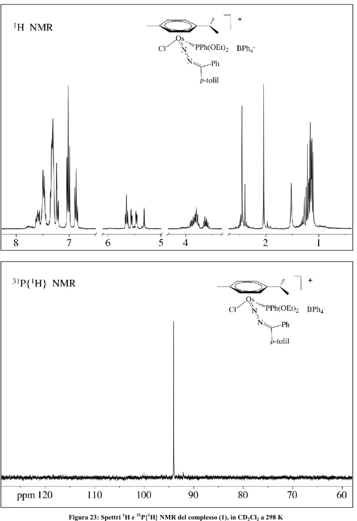 Figura 23: Spettri  1 H e  31 P{ 1 H} NMR del complesso (1), in CD