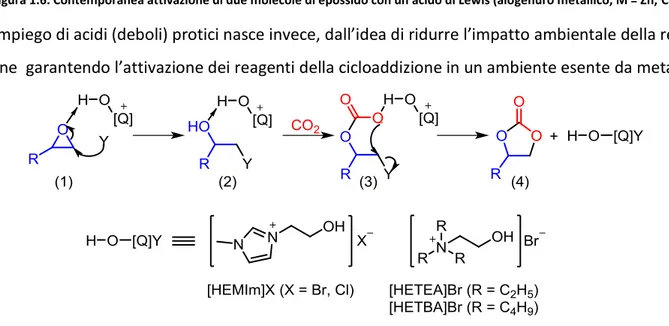 Figura 1.6. Contemporanea attivazione di due molecole di epossido con un acido di Lewis (alogenuro metallico, M = Zn, Ca) 