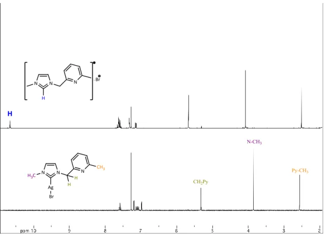 Figura 28 :  1 H-NMR del sale d’imidazolio [(Me-IM-CH 2 -Py-Me)HBr] e del complesso [AgCl(Me-IM-CH 2 -Py-Me)] a 298 K in CD 2 Cl 2