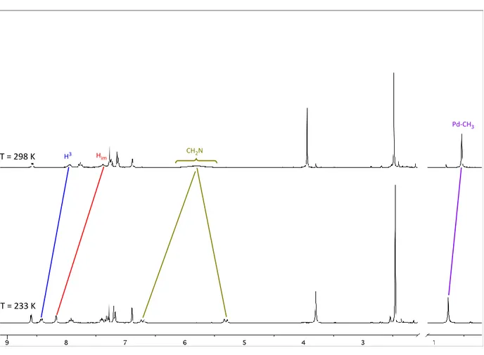 Figura 55:  1 H-NMR del complesso [PdCl(Me)(Me-IM-CH 2 -Py)(DIC)] a 298 K e a 233 K in CDCl 3