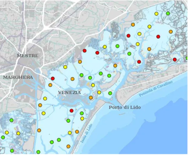 Figura 3 Mappa ARPAV della laguna con stazioni di campionamento colorate secondo l’in- l’in-dice MAMBI 
