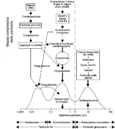 Figura 1: correlazione della distribuzione dimensionale delle  particelle di particolato con il loro Volume, Massa, mezzo di  dispersione ed origine (Marconi A